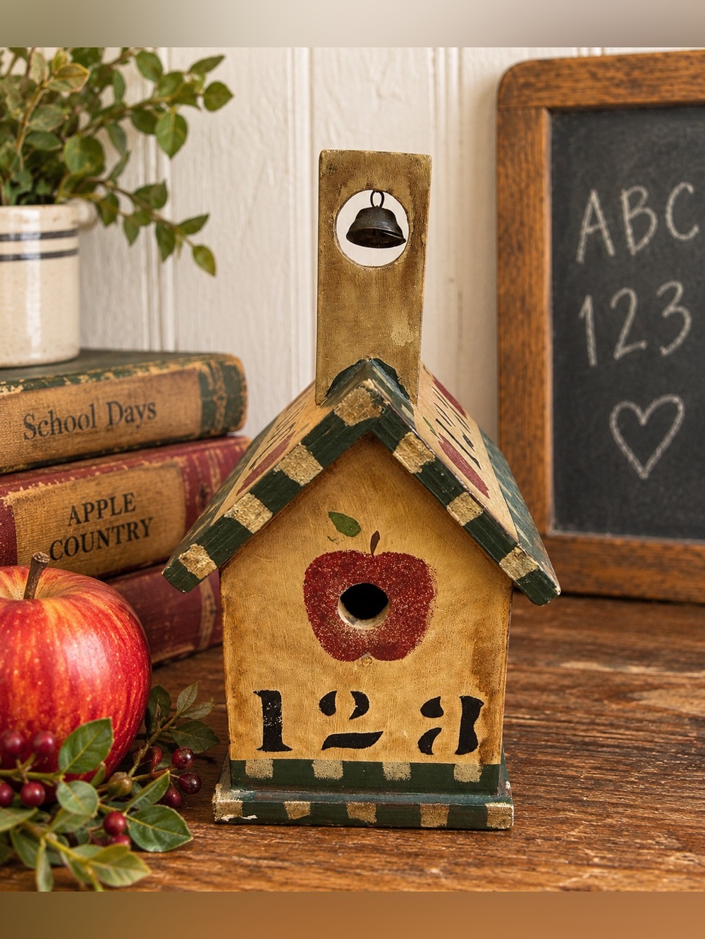 Primitive Apple Schoolhouse Wood Shelf Sitter Bell Folk Country Decor Vintage